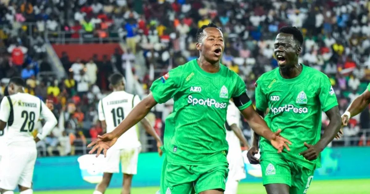 Gor Mahia&amp;#039;s Mike Kibwage (L) celebrates his goal with Jackson Dwang&amp;#039;. PHOTO/GOR MAHIA FC