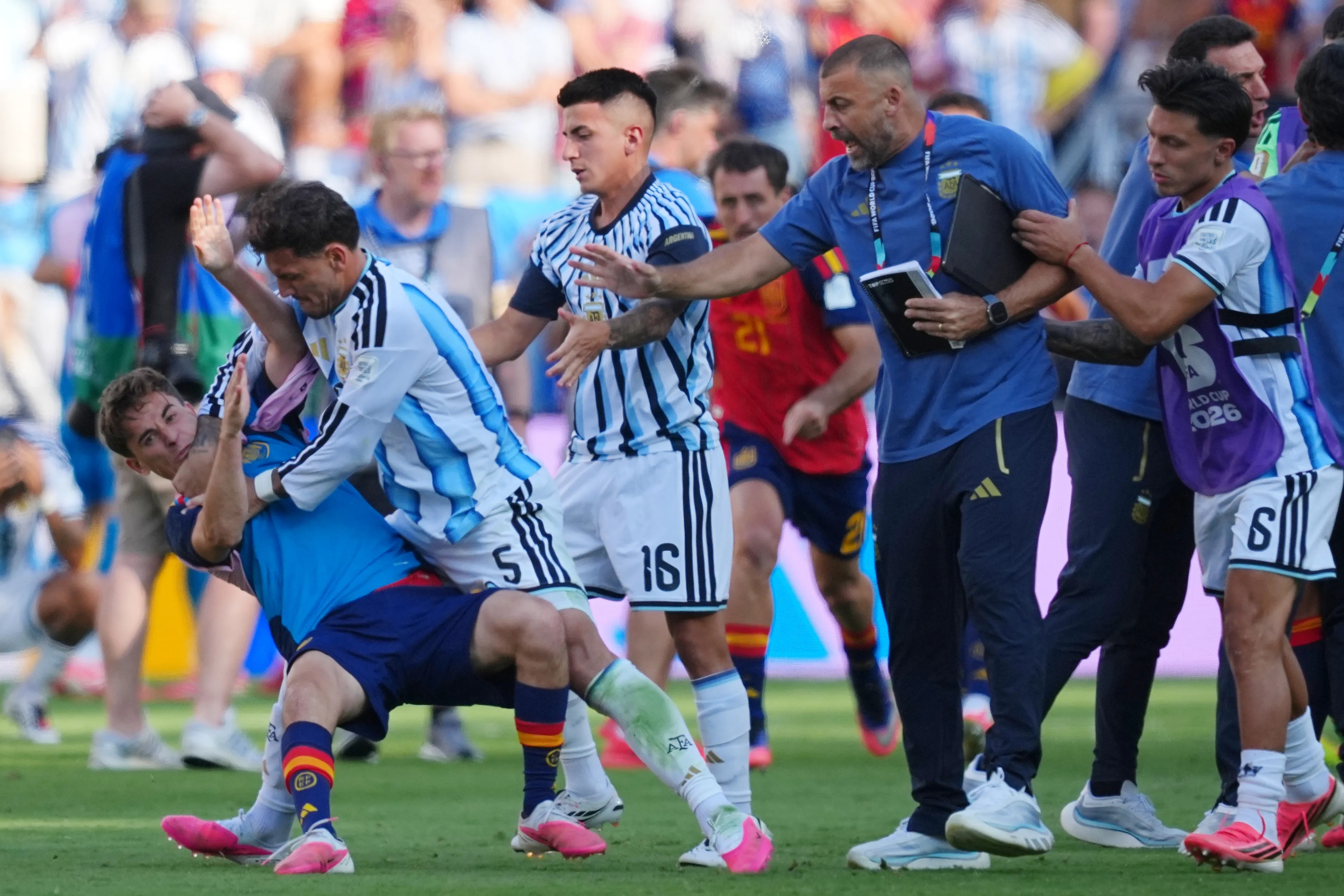 Argentina&amp;#039;s Leandro Paredes (5) knocks down Spain&amp;#039;s Gavi (9) during scuffle after the World Cup final between Spain and Argentina at MetLife Stadium on Sunday, July 19. (AP Photo/Julio Cortez, File)