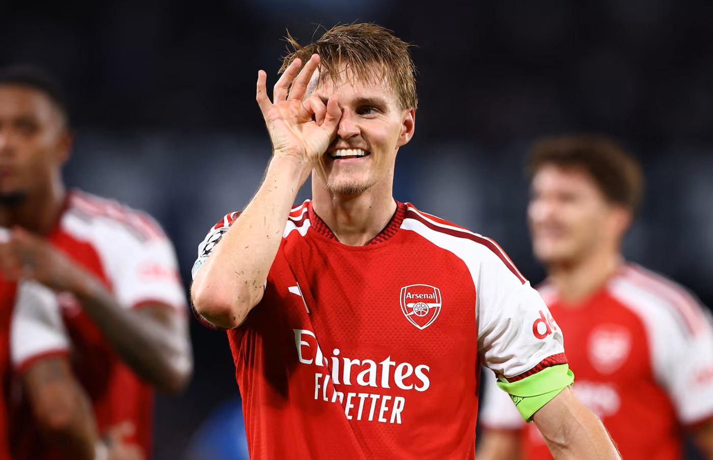 Odegaard celebrates. Photograph: Guglielmo Mangiapane/Reuters